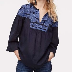 LOFT Petite Floral Embroidered Split Neck Blouse.